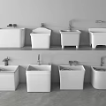 Modern White Utility Basins With Faucets Arranged On Shelves For Home Use
