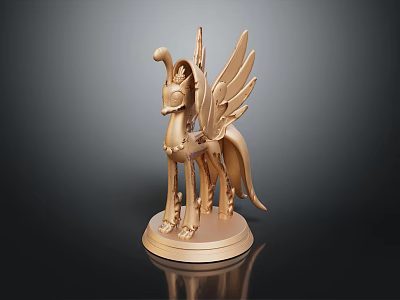 Golden Winged Mythical Horse Sculpture With Intricate Carvings And Circular Reflective Base 3d model