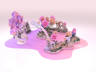 Elegant Floral Installation With Pink Purple Flowers Archway And Decorative Greenery Platform 3d model