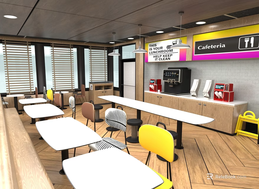 Bright Cafeteria Interior With White Tables Yellow Chairs Coffee Machine And Wooden Floor 3d model 
