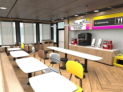 Bright Cafeteria Interior With White Tables Yellow Chairs Coffee Machine And Wooden Floor 3d model