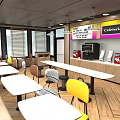 Bright Cafeteria Interior With White Tables Yellow Chairs Coffee Machine And Wooden Floor