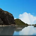 Scenic Waterfront Landscape with Calm Water Small Boat Person Steep Rocky Hills and Sky Reflections