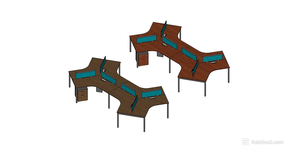 Unique Shape Office Desks With Brown Desktop Blue Partitions Multiple Drawers And Metal Frames 3d model 