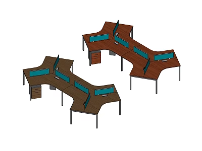 Unique Shape Office Desks With Brown Desktop Blue Partitions Multiple Drawers And Metal Frames 3d model