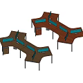 Unique Shape Office Desks With Brown Desktop Blue Partitions Multiple Drawers And Metal Frames