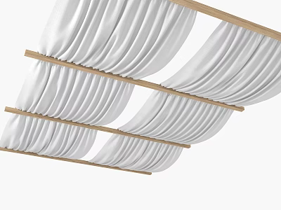 Stylish Ceiling Design Featuring White Draped Fabric And Wooden Frames 3d model