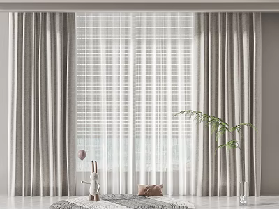 Elegant Gray Curtains With Sheer Layer For Living Room Window Light Filtering Decorative Plants 3d model