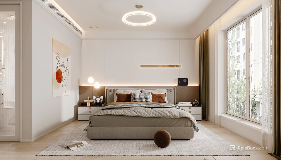 Modern Bedroom Interior With Bed Nightstands Decorative Painting Lighting And Large Window Rug 3d model 