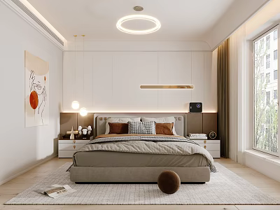 Modern Bedroom Interior With Bed Nightstands Decorative Painting Lighting And Large Window Rug 3d model