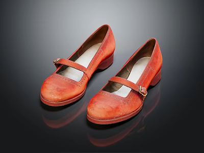 Vintage Orange Red Leather Shoes with T Strap Metal Buckle and Block Heel Design 3d model