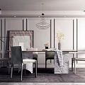 Modern Elegant Dining Table Set With Chairs Hanging Chandelier Decorative Painting And Vase Flowers
