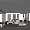 Modern Living Room Interior Design With Sofa Coffee Table Ceiling Lights Large Windows And Display Shelves