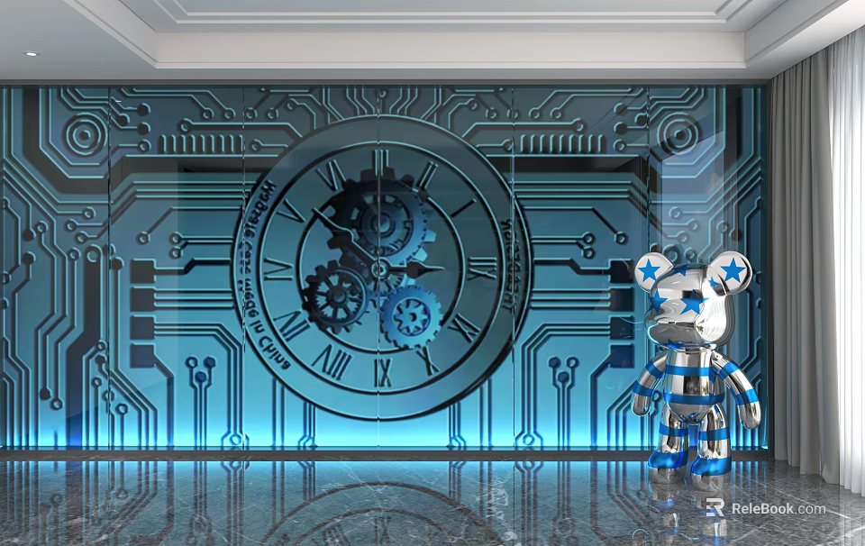 Blue Circuit Board Pattern Background Wall With Large Gear Clock Robot Doll And Marble Floor 3d model 