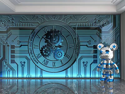 Blue Circuit Board Pattern Background Wall With Large Gear Clock Robot Doll And Marble Floor 3d model