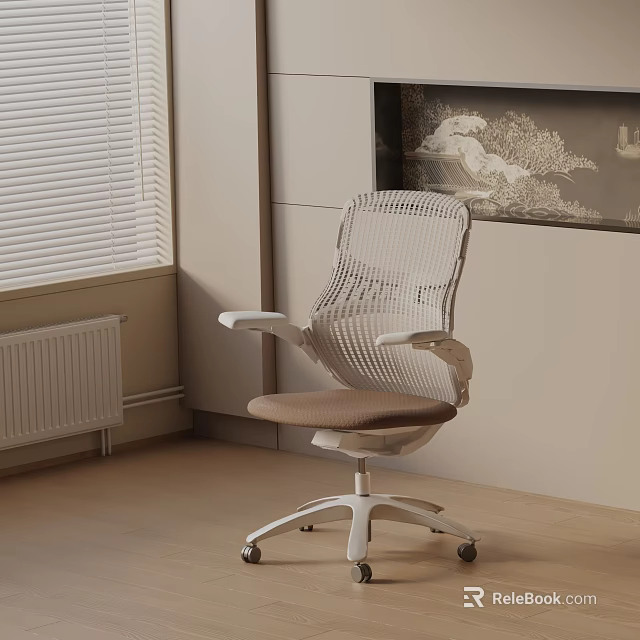 Modern Office Chair With Mesh Back White Armrests Brown Seat And White Wheel Base 3d model 