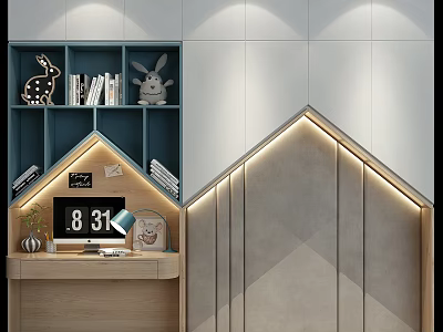 Modern Bookcase with Blue Green Shelves Books Rabbit Ornament Lamp Clock and Wooden Desk 3d model