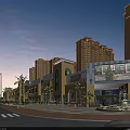 Vibrant Commercial Street With High Rise Buildings Pedestrians Shops And Fountain