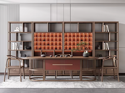 Traditional Chinese Wooden Tea Table And Chairs With Bookshelf And Orange Panel 3d model
