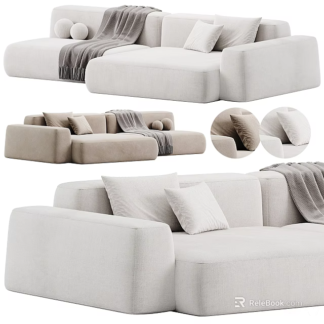 Modern Light Beige Fabric Sectional Sofa With Soft Pillows And Cozy Blanket Design 3d model 