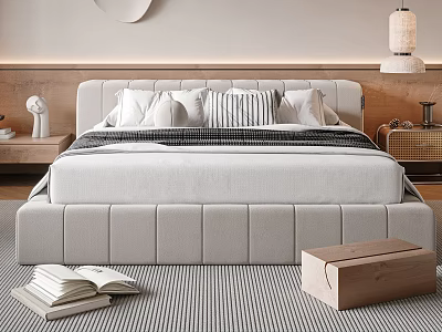 Modern Double Bed With White Headboard Striped Pillows Striped Rug Wooden Nightstand And Table Lamp 3d model