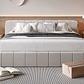 Modern Double Bed With White Headboard Striped Pillows Striped Rug Wooden Nightstand And Table Lamp