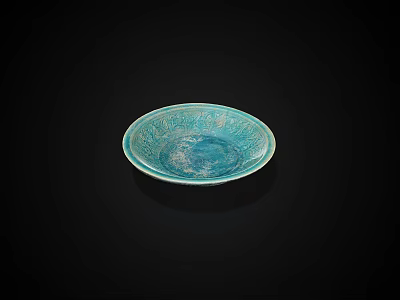Elegant Turquoise Ceramic Plate With Intricate Carved Patterns On Black Background 3d model