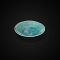 Elegant Turquoise Ceramic Plate With Intricate Carved Patterns On Black Background