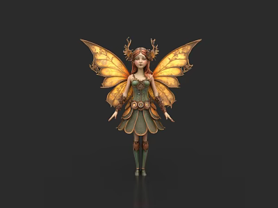 Fantasy Fairy Game And Movie Character With Golden Wings Antler Headpiece And Green Brown Outfit 3d model