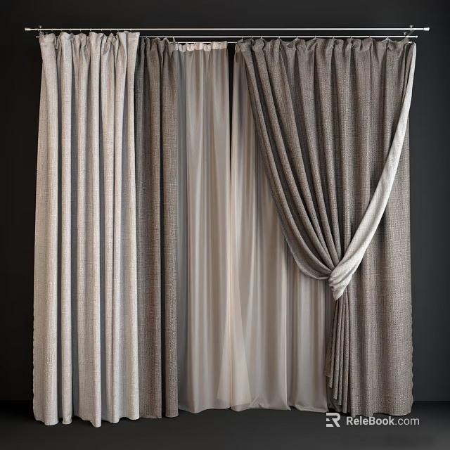 Gray And Beige Curtains With Sheer Layers And Elegant Tieback Design 3d model 