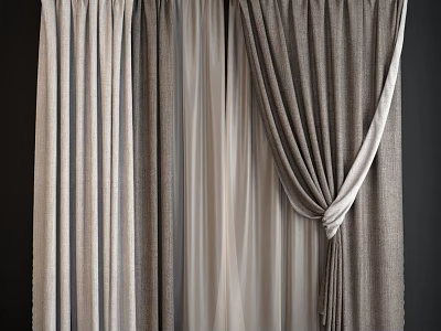 Gray And Beige Curtains With Sheer Layers And Elegant Tieback Design 3d model