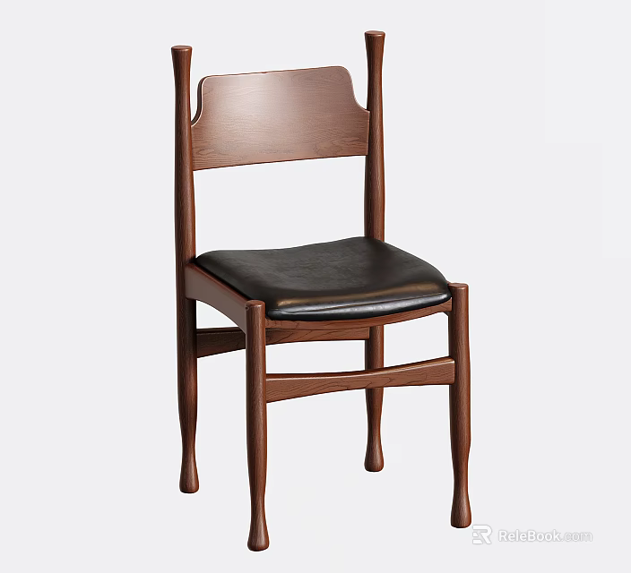 Wooden Dining Chair With Black Leather Seat And Simple Modern Design 3d model 