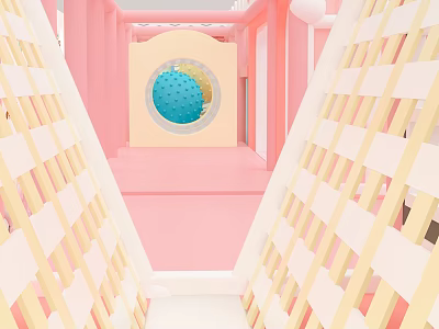 Colorful Playground with Pink Yellow Railings Circular Blue Ball Pit and Grid Design 3d model