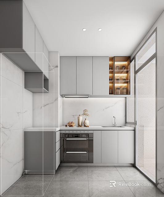 Modern Kitchen Interior With Gray Cabinets Marble Countertop Built In Oven And Glass Front Cabinets 3d model 