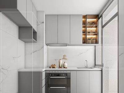 Modern Kitchen Interior With Gray Cabinets Marble Countertop Built In Oven And Glass Front Cabinets 3d model