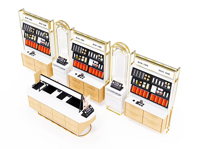 Modern Wooden Display Shelves With Gold Trim And Multiple Product Layers 3d model