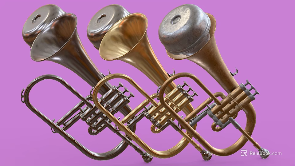 Vintage Brass Musical Instruments in Gold Silver Bronze Tones Display on Purple Background 3d model 