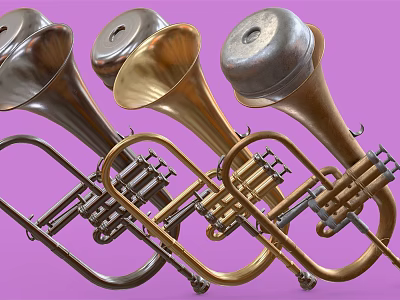 Vintage Brass Musical Instruments in Gold Silver Bronze Tones Display on Purple Background 3d model