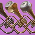 Vintage Brass Musical Instruments in Gold Silver Bronze Tones Display on Purple Background