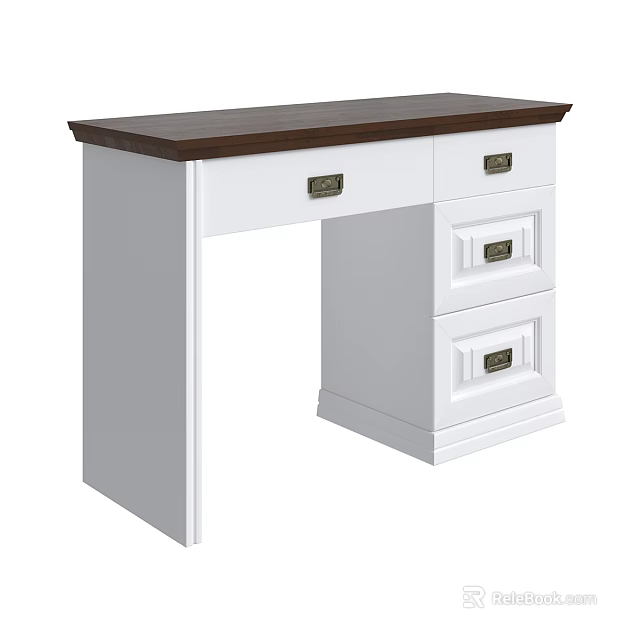 Simple White Desk With Dark Wood Top And Metal Handle Drawers 3d model 