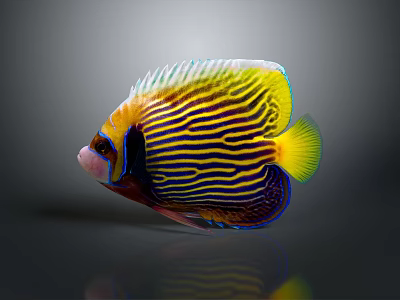Vibrant Tropical Angelfish with Yellow Blue Striped Scales and Colorful Fins in Marine Aquarium 3d model