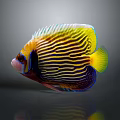 Vibrant Tropical Angelfish with Yellow Blue Striped Scales and Colorful Fins in Marine Aquarium
