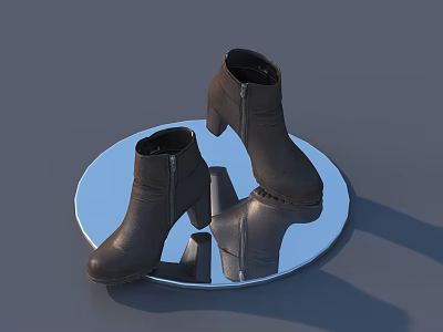 Stylish Brown Ankle Boots with Zipper Design and Block Heel on Round Mirror 3d model