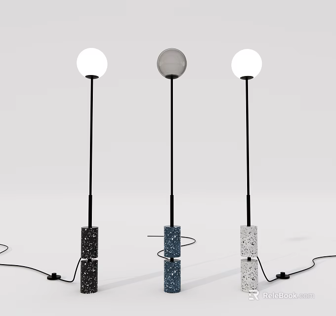 Three Modern Floor Lamps With Textured Black Blue Gray Bases And Round White Shades 3d model 