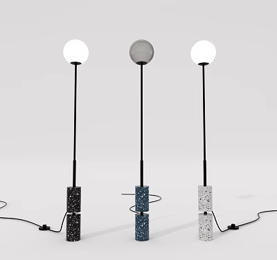 Three Modern Floor Lamps With Textured Black Blue Gray Bases And Round White Shades 3d model