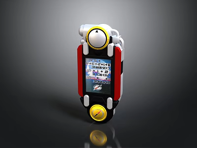 Gaming Device With Red White Casing Top Circular Component Bottom Yellow Button And Screen 3d model