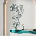 Blue Green Sculpture on Wavy Countertop with Arched Background Decorative Patterned Wall and Slim Lamp