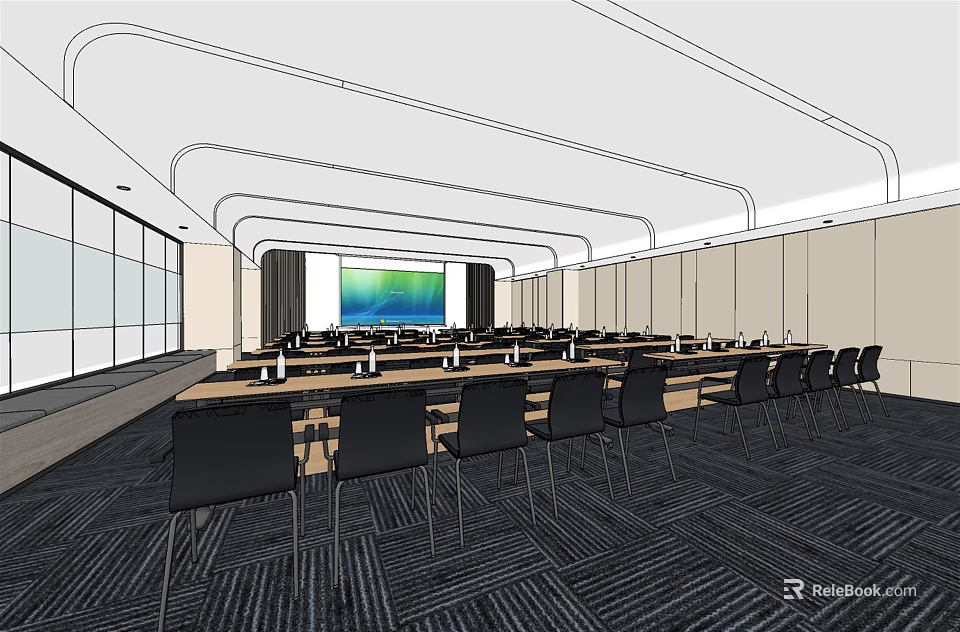 Modern Conference Room Interior With Large Screen Tables And Windows 3d model 