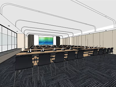 Modern Conference Room Interior With Large Screen Tables And Windows 3d model