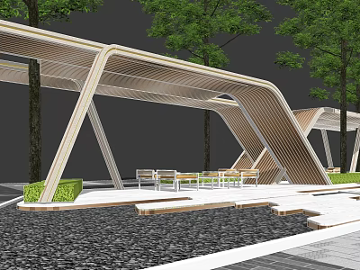Modern Curved Wooden Pergola Design With Outdoor Seating And Green Trees 3d model